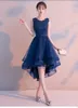 ローブデブイブニングドレスSoiree Navy Blue O-NeckノースリーブレースVestido de Festa Short Front Long Back Party Dresses