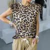 Elegant Women Shoulder Pad Leopard Printed T Shirt Summer Sleeveless O-neck Tee Tops Fashion Clothing Plus Size SJ6276V