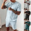 Herrspår 2022 Summer Tracksuit Men Casual Sports Set Solid Color Plaid Kort ärm Shorts Set Mens Fashion 2 Piece Sportswear 18