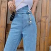 PERHAPS U Damen Jeanshose Flare Button Ganzkörperansicht Lässig Asymmetrisch Blau P0036 201029