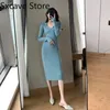 Casual Dresses Sticke Dress Women Office Lady Slim Elegant Midi Sweater Party Y2K 2022 Autumn Vintage Pure Color One Piece Korean209k