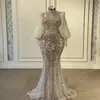 Luxury High Neck Prom Dress White Crystal Sequins Beads Evening Dresses Long Sleeves Chic Glitter Party Dress Custom Made robe de soiree