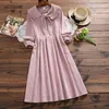 Robe Femme Autumn Winter Sweet Women Dresses Peter Pan Collar Bow Loose Corduroy Vintage Elegant Dress Vestido Longo 201028