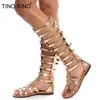 New Women Flat Zip Sandals Summer Female Bucket Pu Leather Cross Tied Woman Hollow Out Cover Heels Ladies Knee Shoes Y205638123