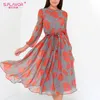 S.Favor Kobiety Drukowanie Casual A-Line Sukienka Elegancki Pełny Rękaw Szyfonowy Boho Vestidos De Jesień Winter Fashion Midi Sukienki 201029