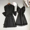 Kvinnor Robe Gown Sats Badrock Nattklänning Med Bröstkuddar Dam Nightwear Sexig Lace Sleep Lounge Pijama Långärmad Y200429