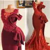 진짜 이미지 Burgundy Mermaid Prom Dresses Ruffles 구슬 Appliqued 레이스 이브리어 드레스 스윕 열차 사용자 정의 Lumbar 공식 레드 카펫 드레스