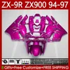 OEM هيكل السيارة ل Kawasaki Ninja ZX-9R ZX 9R 9R 9R 900 CC ZX-900 1994-1997 Bodys 100no.151 ZX9 R ZX900 ZX900C 1994 1995 1996 1996 Metallic Pink 900CC ZX9R 94 95 96 97 Fairing Kit