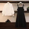 Sonbahar takım elbise sling elbisesi kadın büyük boyutlu moda gündelik fener kollu gömlek orta uzunlukta siyah iki parçalı 220221