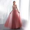 Beading Evening Dress 2020 V-Neck Pink High Split Tulle Sweep Train Ärmlös Prom Kappa A-Line Lace Up Backless Vestido de lj201224