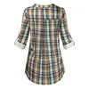 Kvinnors Blusar Skjortor Kvinnor Casual Rolled Sleeve Zipped V-Neck Plaid Printed Shirt Tunika Toppar Blus Skriv ut Knapp Feminina 2021