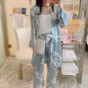 JULYS SONG Woman New Spring Pajamas Set Sling 3 Pieces Satin Faux Silk Autumn Summer Printing Casual Sleepwear Women home wear Y200708