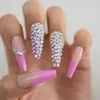 False Nails Rhinestones Nail Press Ons Extra Long Coffin 3d Designed Fake Jewel Luxury Rosy Nude Royalty Tips