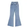 Belki de U Kadın Denim Pantolon Flare Düğmesi Tam Boy Rahat Asimetrik Mavi P0036 201029