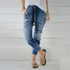 女性秋の弾性プラスルーズソフトで快適なデニムカジュアルな巾着プラストリミングジーンズSpodnie Damskie Women Jeans Ed 201223