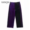 Vert / violet velours pantalons de survêtement Streetwear velours pantalons à jambes larges femmes Hip Hop Colorblock pantalons de survêtement hommes broderie pantalon 201106