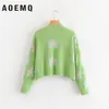 AOEMQ Женские кардиганские женские свитера милый светло -зеленый символ Life Vintage Sweater Spring Swaters с цветочным принтом женщин Tops LJ200815