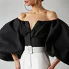 Koreanska mode kvinna blouses 2020 Sommarfjäderblus och Top Women Off Shoulder Collect Waist Femme Puffy Sleeve Top 5521