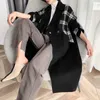 Autumn Winter Warm Women Wool Coat Fashion Plaid Spliced Slim Blends Outwear Female Arrival V Neck Office Long Coat 201215