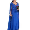 Elegant Royal Blue Mermaid Evening Dresses For Women 2022 Split Long Sleeve Lace Appliques Formal Party Gowns V Neck Arabic Dubai Mother Special Occasion Wear