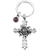 Creative Rose Cross Keychain with 12 Birthstones Jewelry Memorial Gifts Bag Pendant Key Chains Religious Christian Keyrings4906725