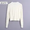 Zevity Women O Neck Agaric Lace Pearl Beading Knitting Sweater Meyal Chic Puff Sleeve Hollow Out Ruffles Pullover Tops S446 201221