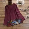 Femmes Patchwork Blouse 2020 ZANZEA Vintage Imprimé Tops Casual Manches Longues Tee Shirts Femme Bouton Blusas Plus La Taille Tunique Y200623