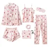 7 sztuk Kobiety Jedwabne Zestawy Satynowe Piżamy Zestaw Pijama Piżama Kwiat Drukuj Kobiet Piżanie Loungewear Y200708
