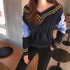 Cheerart Maglione con scollo a V Donna Pullover a righe Patchwork Blu Cavo allentato Maglione lavorato a maglia Tricot Pull Femme Abbigliamento LJ201112