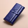 Dames lange eenvoudige mode portemonnee olie wax lederen tri-fold trekkoord ritssluiting gesp pure kleur retro portemonnee portemonnee