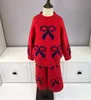Inverno crianças meninas suéteres conjuntos moda arco bebê lã quente tricô camisola com calças agasalho crianças roupas vermelhas 24396847129