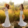 Neue Ankunft Meerjungfrau Brautkleider Kurzarm Applikationen Spitze Satin Strand Brautkleider Illusion Open Back Sweep Zug Brautkleid