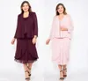 Bourgondië Kant A-lijn Moeder van de Bruid Jurken Goedkope Korte Chiffon Moeder Formele Jurken Twee stukken Plus Size EveninFG Prom Dresses