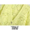 Traf Women Fashion Bejeweled Buttons Croped Sticked Cardigan tröja Vintage Puff Sleeve Kvinnlig ytterkläder Chic Topps 210204
