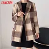 Tangada Women Winter Warm Plaid Woolen Blazer Coat Vintage Double Breasted Long Sleeve Office Lady Outerwear Chic Tops DA40 201214