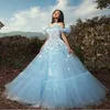 Abito da sera azzurro cielo Abiti da sera in tulle arricciato con spalle scoperte Abito da sera elegante in pizzo con applicazioni su misura Robe de soiree economico