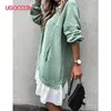 Casual Jurken UGoccam A-Line Lange Mouw Vrouw Jurk Patchwork Turn-Down Kraag Ruffles Young Style Sweet Losse Drure voor dameskleding