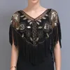 Szaliki Kobiety 1920S Cekinowany szal z frędzlami Zroszony Pearl Fringe Sheer Mesh Okładki Gatsby Flapper Bolero Cape Cover Up1