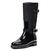 Hot Sale-Fashion Women Mid-Calf High Heels Rain Boots Slip-On Vattentät Låg Solid Storlek Chunky Heel Design Buckles Skor