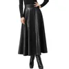 Moda PU Skórzane Spódnice Kobiet Eleganckie Casual Czarny Vintage Długa Wysoka Talia Biurowa Damska Spódnica Streetwear Solid Color Q3361 Y1214