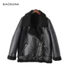 Biaoruina Motobiker Style Women's Loose Faux Cuero Patchwork Cordero Mantener cálido Chaqueta gruesa Abrigo Turn-Down Collar con cinturón 201226