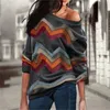 Aachoae Women Blouses Off Shoulder Tops Striped Print Pullover Jumper Casual Knitted Top Long Sleeve Blouse Shirt Camiseta Mujer LJ200831