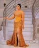 2022 Plus Size Arabisch ASO EBI Gold Mermaid Sexy Prom Dresses Lovertjes Kant Sparkly Avond Formele Partij Tweede Ontvangst Verjaardag Vergaging Bruidsmeisjes Jurk Jurk