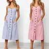 Kadın Seksi Yaz Midi Elbiseler BOHO BacklsleevelButton Çizgili Nokta Katı Kayma Sundrripith Cepler Robe X0529