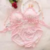 NXY Sexy Setlolita Kvinnors Söt Mjölk Ruffle Anime Print Bra Panties Underkläder Ställ Japanska Tjej s Briefs Underkläder Härlig Rosa 1128