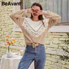 Beavant Elegant Impact Färg Spets Vit Jumper O-Neck Axel Drop Hairy Pullover Casual Hem Mjuk Höst Vinter Sweater Ladies 210709