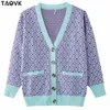 TAOVK femmes pull tricoté motif diamant simple boutonnage boutons lâche décontracté tricot Cardigan pull 210918