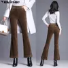 Winter warm corduroy flare pants women with high waist elastic skinny OL office pleated wide leg female trousers Plus size 210608