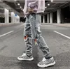 Herr High Street Patch Jeans Fashion Chain Hole Straight Leg Denim Pants Retro Loose Casual Trousers223o