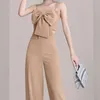 Survêtements pour femmes JSXDHK 2022 Summer Elegant Weeding Party 2 pièces Ensemble Femmes Big Bow Spaghetti Strap Dos nu Tops courts Pantalons à jambes larges Su